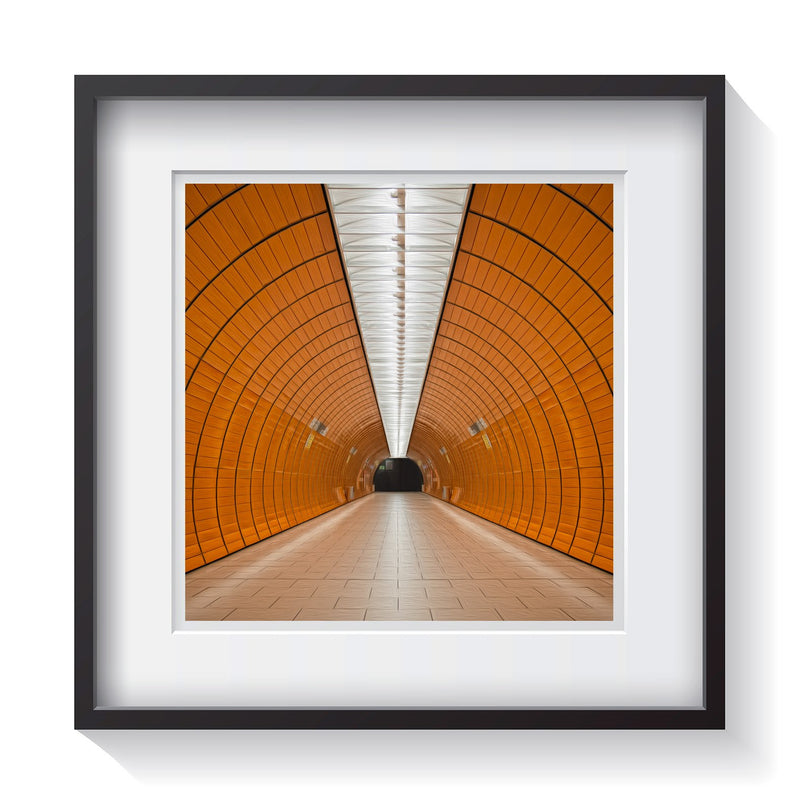 A colorful subway (Untergrundbahn) station, in Munich, Germany. Framed fine art architecture and Europe photography by Andrew Grant.  Framed wall art for your home, office, business, restaurant, bar, vacation house or hotel.