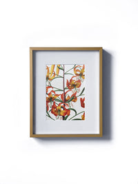 Vintage floral botanical martagon orange lily flower matted in white and framed in gold.  Vertical display wall wart. Perfect addition to any gallery wall. We have several floral prints available. Antique artwork from the 1970s.