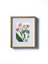Vintage floral botanical nicotinana tobacco flower matted in white and framed in gold.  Vertical display wall wart. Perfect addition to any gallery wall. We have several floral prints available. Antique artwork from the 1970s. 