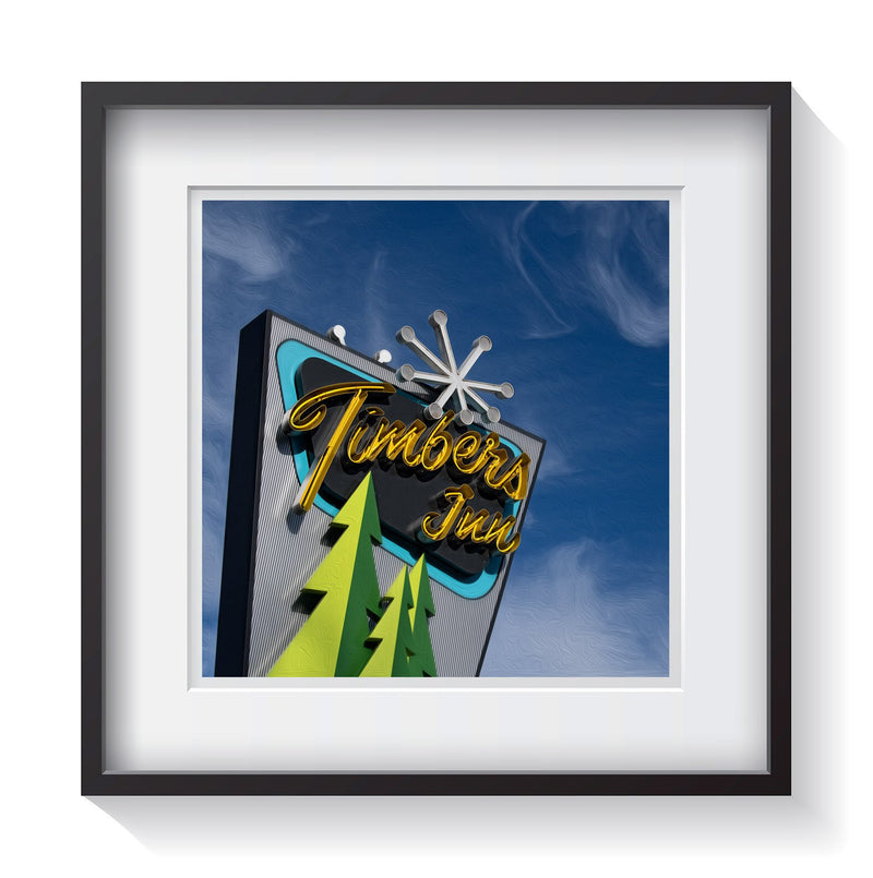 Art deco, mid-century vintage sign for the Timbers Inn in Oregon. Fine art Americana photography by Andrew Grant.  Framed wall art for your home, office, business, restaurant, bar, vacation house or hotel.