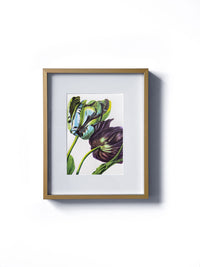 Vintage floral botanical blue and purple tulip flower matted in white and framed in gold.  Vertical display wall wart. Perfect addition to any gallery wall. We have several floral prints available. Antique artwork from the 1970s. 