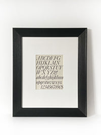 Vintage Industrial Font Alphabet Graphic Framed Art Framed in a modernized black frame with white mat. The alphabet fonts and numbers are featured on an antiqued page of type and lettering for typographers, letterers and designers published in 1950. 
