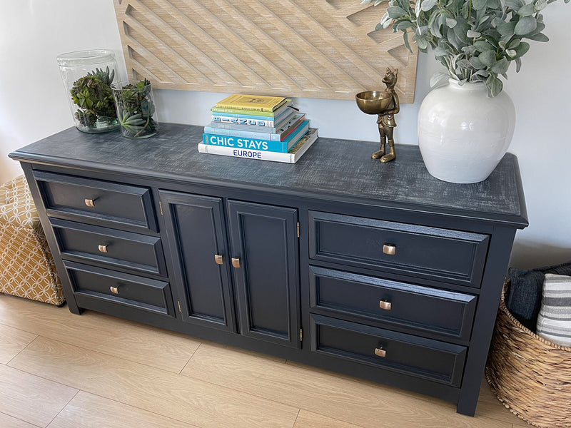 Vintage Dark Blue Sideboard Cabinet, Buffet With Drawers, Antique Dresser, Storage Cabinet, Console Table  This is a very heavy, robust and nicely crafted cabinet. High-quality, heavy drawers slide smoothly.