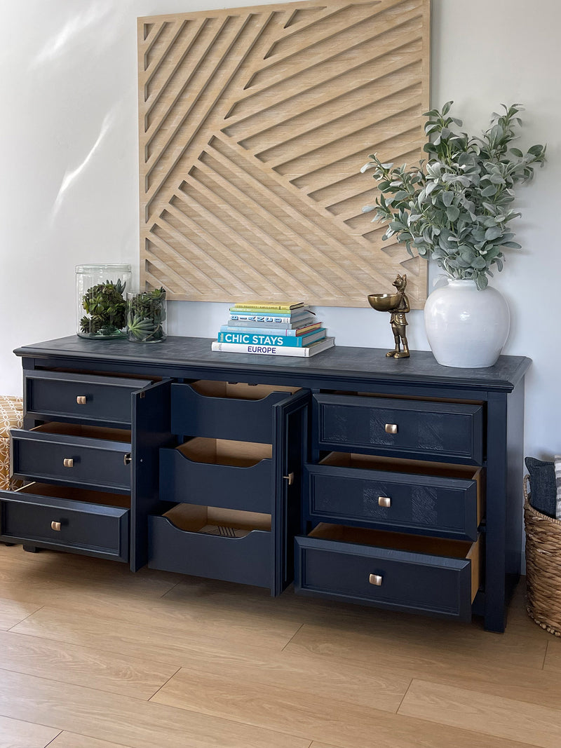 Vintage Dark Blue Sideboard Cabinet, Buffet With Drawers, Antique Dresser, Storage Cabinet, Console Table  This is a very heavy, robust and nicely crafted cabinet. High-quality, heavy drawers slide smoothly.