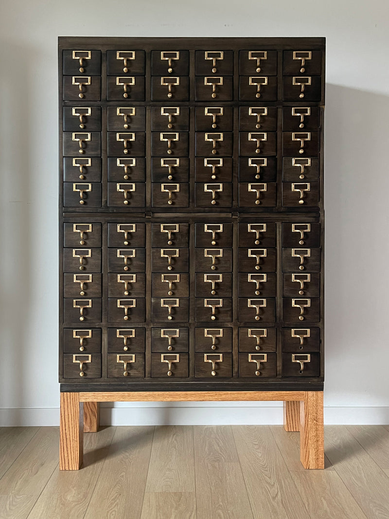 **SOLD** Vintage Mid-Century Library Card Catalog Filing Cabinet - 72 Drawers - Original Brass Hardware
