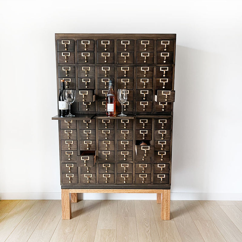 Vintage Mid-Century Library Card Catalog Filing Cabinet - 72 Drawers - Original Brass Hardware - VERY HEAVY This immaculate card catalog cabinet is in exceptional condition. Smooth sliding, beautifully crafted dovetail oak drawers are all in very good condition inside and out. Wine storage ideas. 